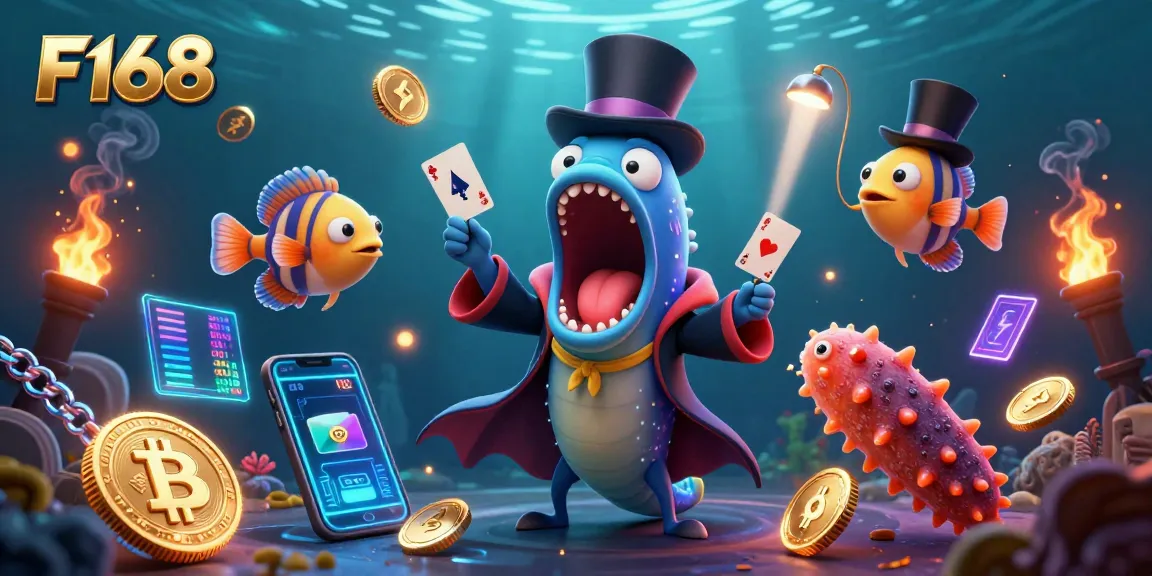 Engage with F168 in a vibrant underwater gambling scene featuring a bioluminescent eel performing card tricks.