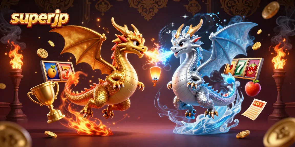 Experience thrilling jackpot wins with superjp while illustrated dragons battle in a vibrant casino scene.