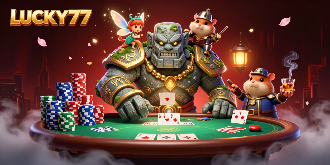 LUCKY77 engages players at poker tables amid a mystical scene with characters and vibrant casino elements.