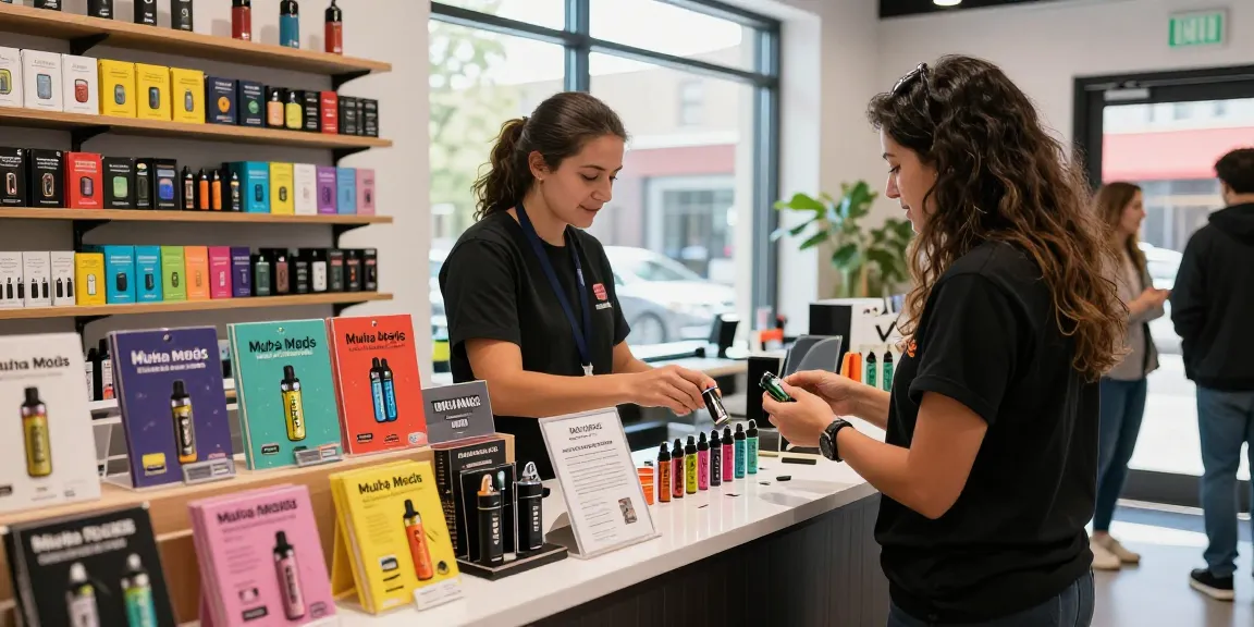 Customer exploring premium Muha Meds products inside a modern vape shop.