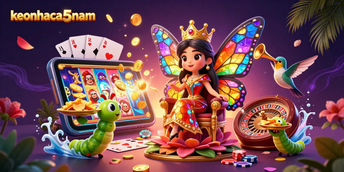 Spin to win with keonhacai5nam's vibrant 3D casino scene featuring a butterfly queen and luscious gaming elements.