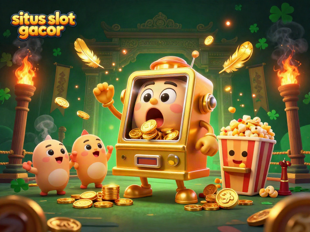 Experience excitement at situs slot gacor with a golden slot machine celebrating a jackpot amidst vibrant casino elements.