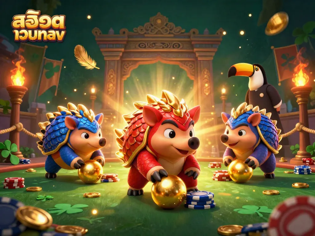 Compete with สล็อตเว็บตรง in a vibrant casino scene featuring rival pangolins and poker chips.