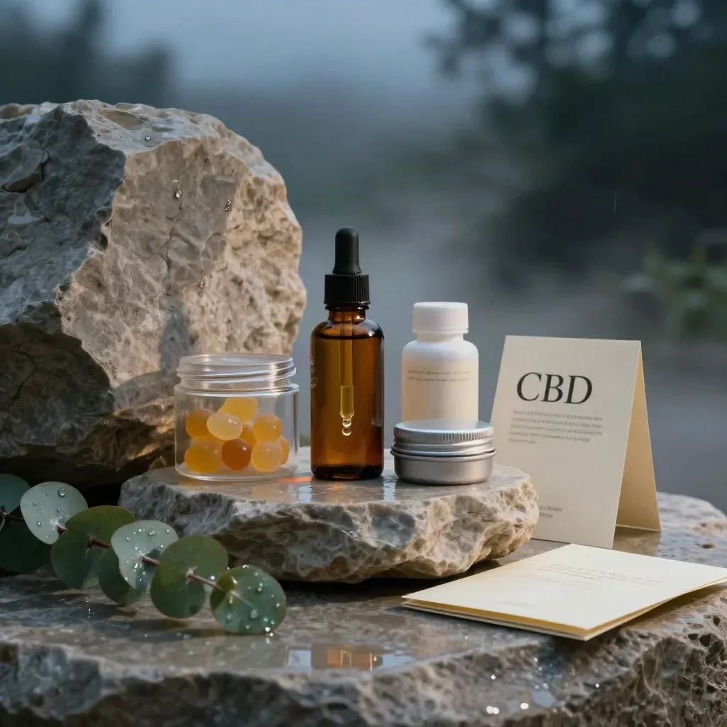 Amber CBD tincture, gummies, capsules, balm tin, and eucalyptus on wet limestone at dawn