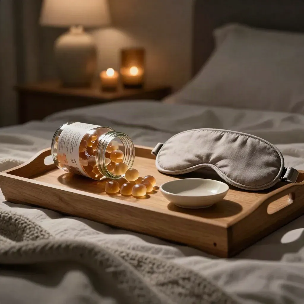 Sleep gummies on a bedside tray with mask, dish, and wool throw in warm midnight light.