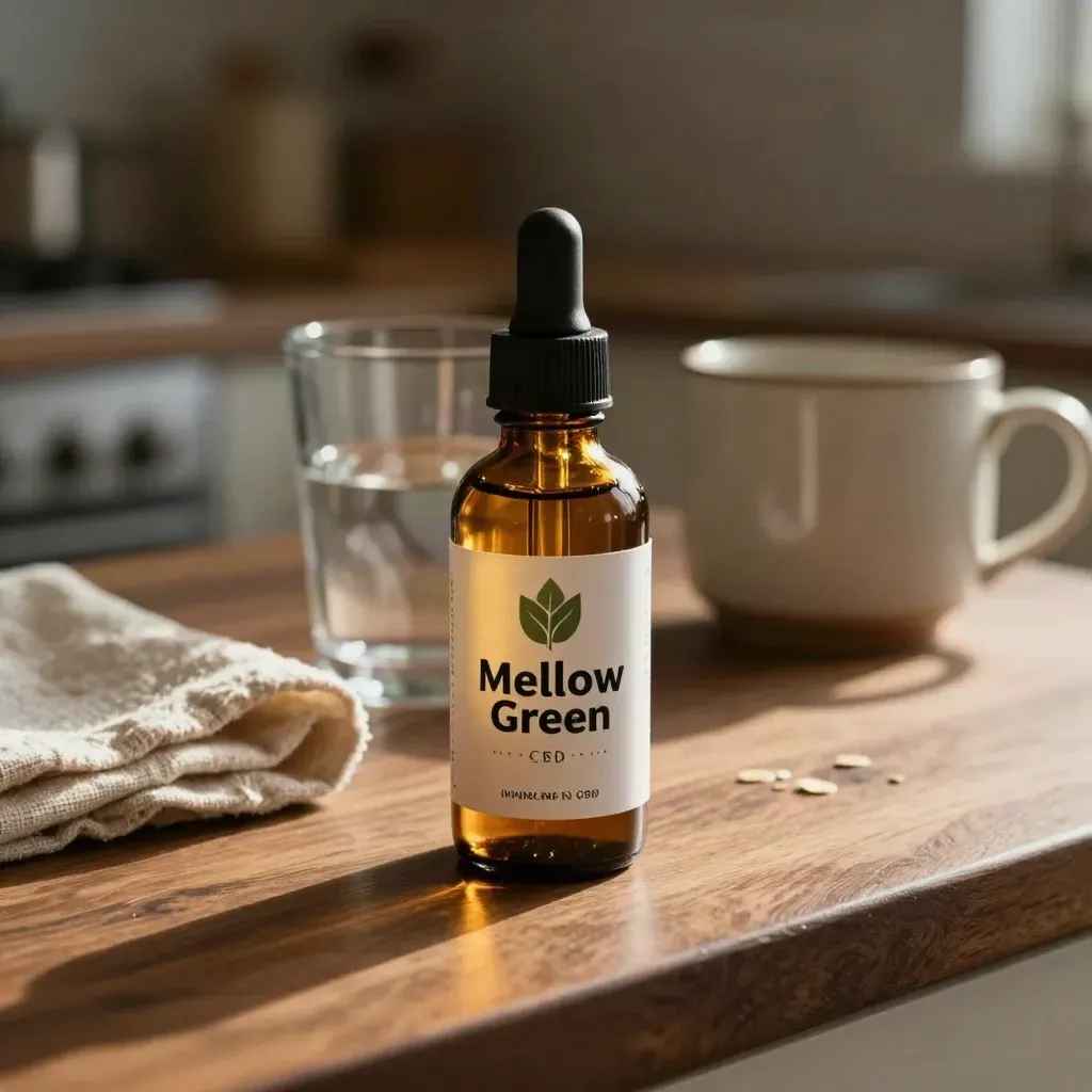 Amber CBD tincture bottle beside a water glass and folded linen on a warm kitchen counter.