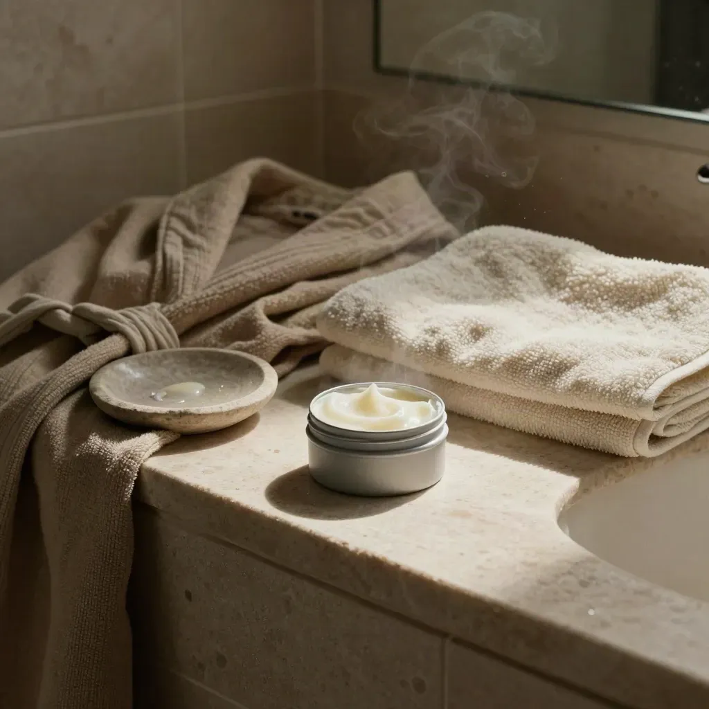 Open CBD balm tin on a steamy bathroom ledge with towel, robe and stone dish