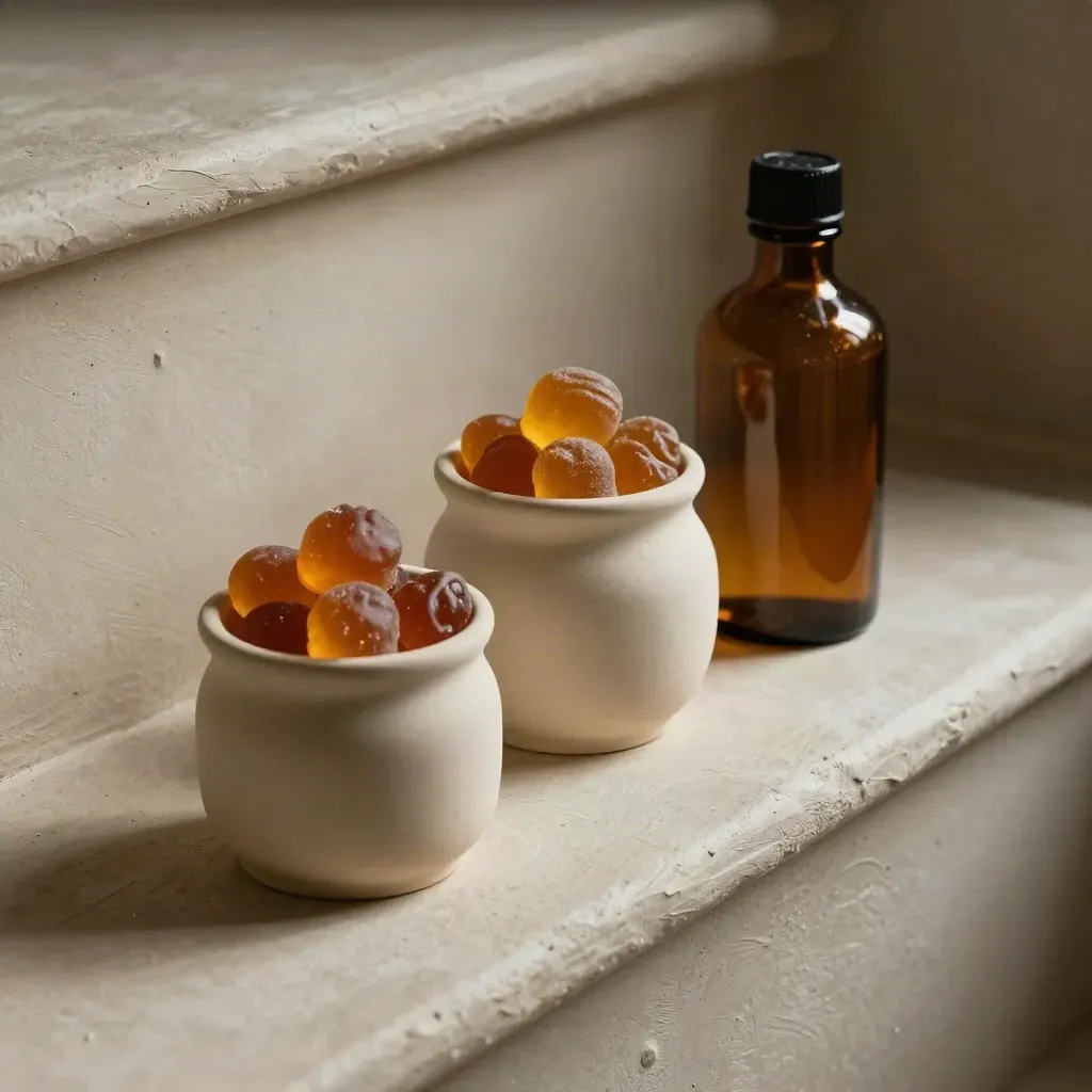 Amber CBD bottle and graduating cream dishes of gummies on a pale plaster step.
