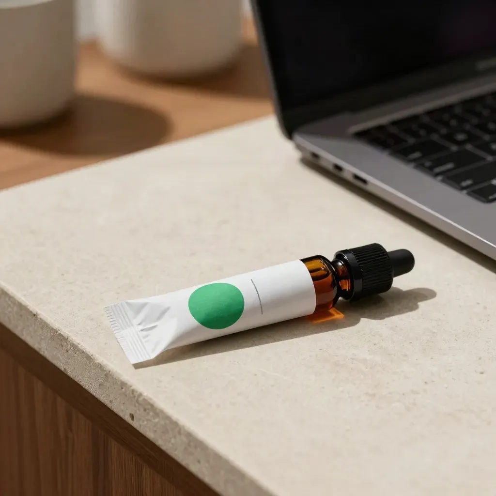 CBD lab-test packet, bottle, and sample vial beside a closed laptop on a pale desk.