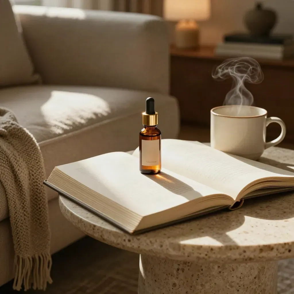 Open journal, CBD tincture, and steaming mug on travertine by a linen sofa in warm afternoon light.