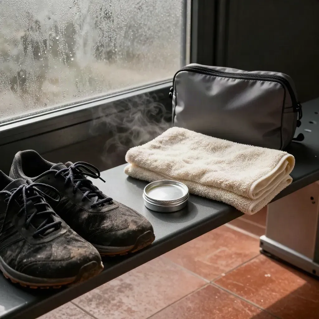 Freshly opened balm tin, towel, and gym shoes on a locker-room bench by a fogged window.