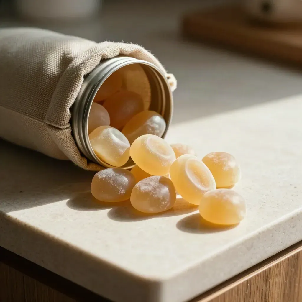 Macro of gummies spilling from a tin beside a sage canvas pouch on a sunlit stone counter.