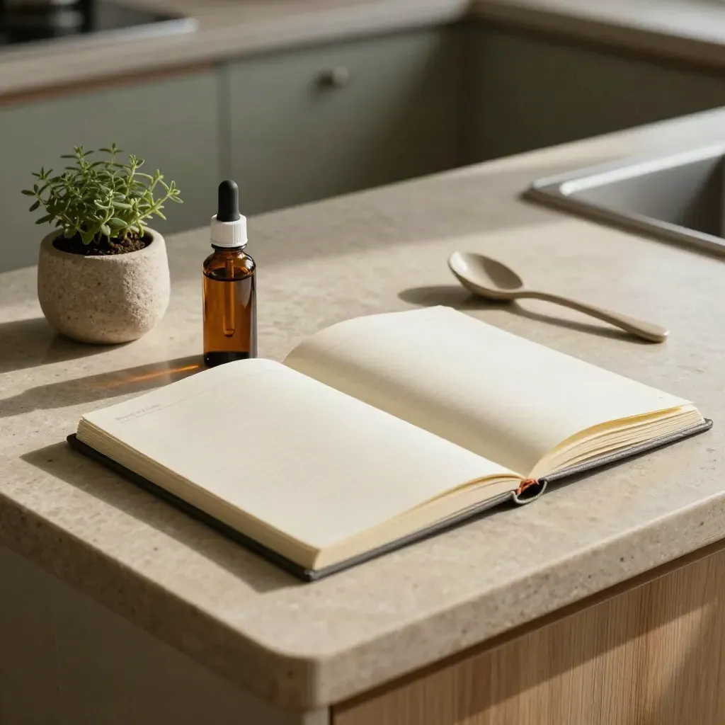 CBD tincture bottle, ceramic spoon, open notebook, and herb plant on a kitchen island.