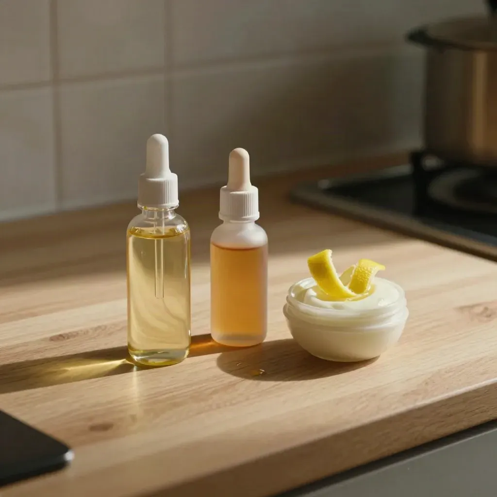 CBD ingredient bottles and hemp oil beside lemon peel in a warm kitchen still life.