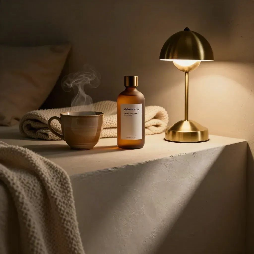 Sleep blend bottle, teacup, blanket, and lamp on a plaster ledge at night