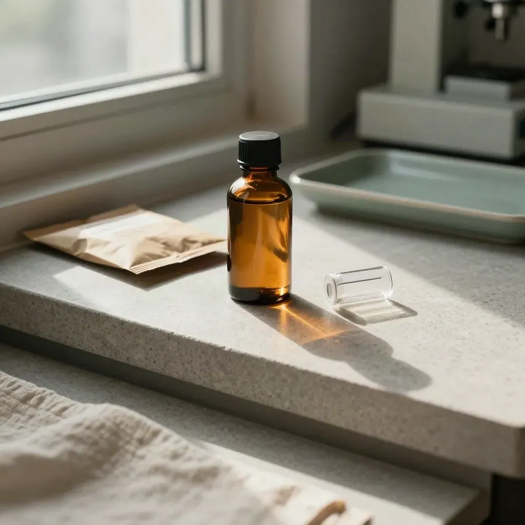 Amber CBD bottle, open vial, and hidden batch packet on a sunlit stone shelf by a window.