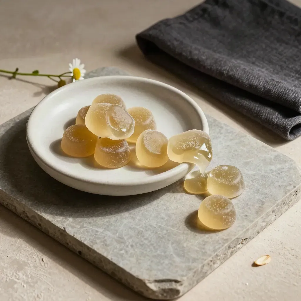Top-down tray still life with sleep gummies, chamomile sprig, matte dish, and folded linen.