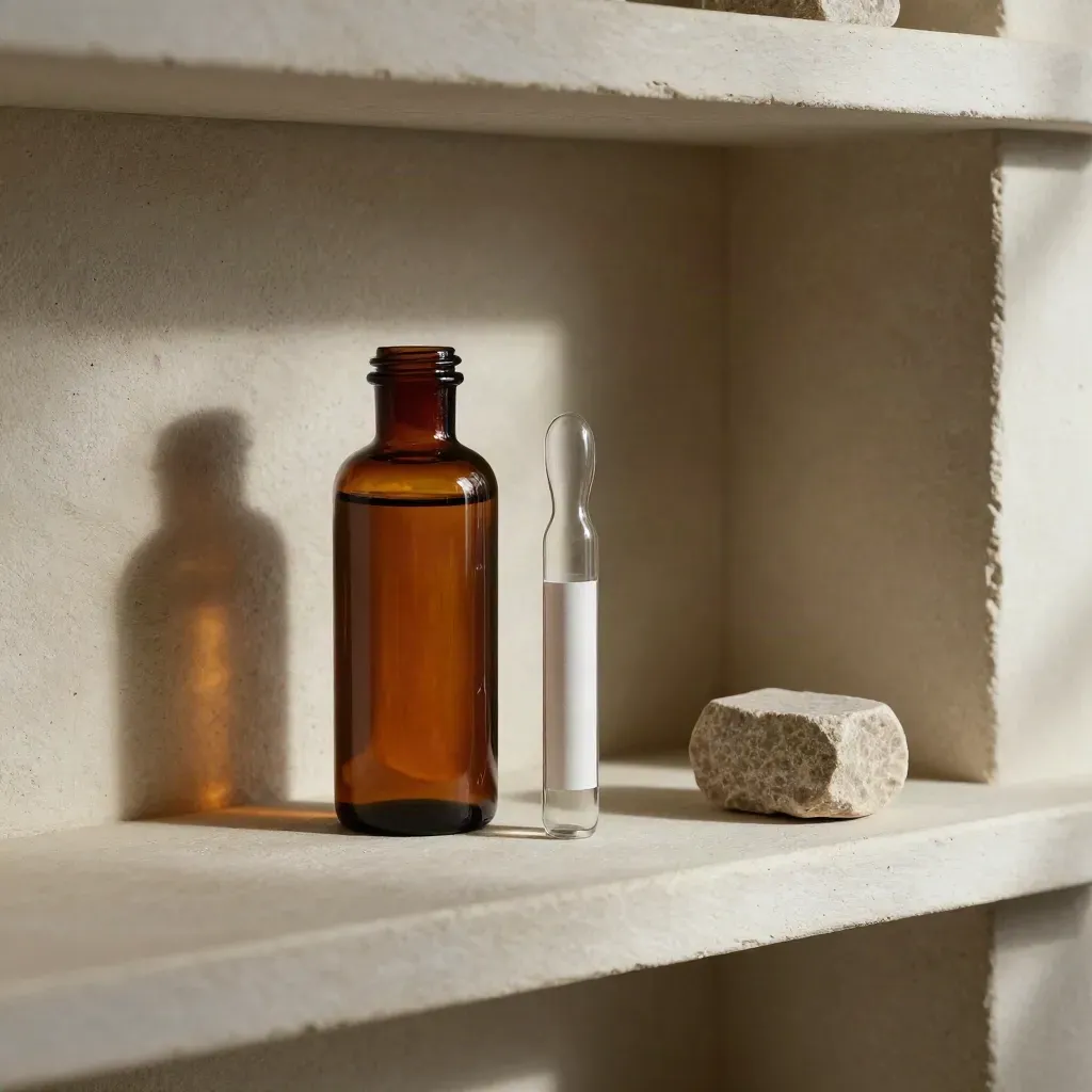 Amber lab vial, sample packet edge, bottle and stone cube on a pale shelf.