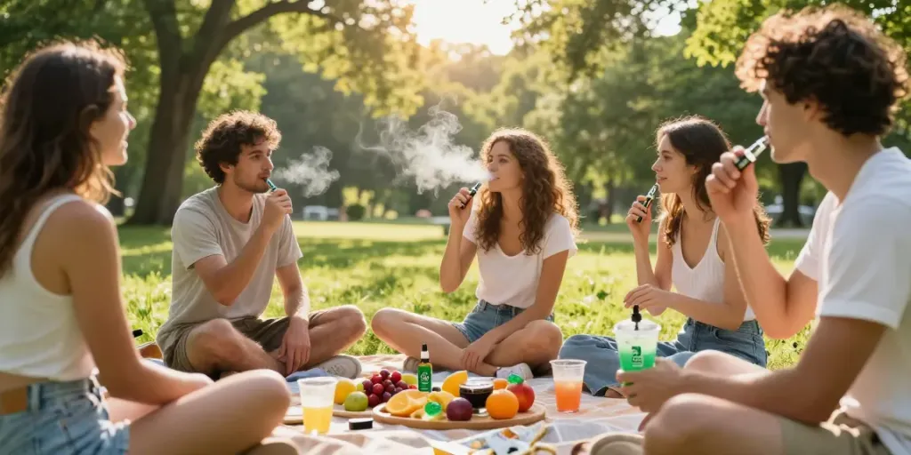 Buy weed Canada with friends enjoying CBD vape in a serene park setting, promoting natural wellness.