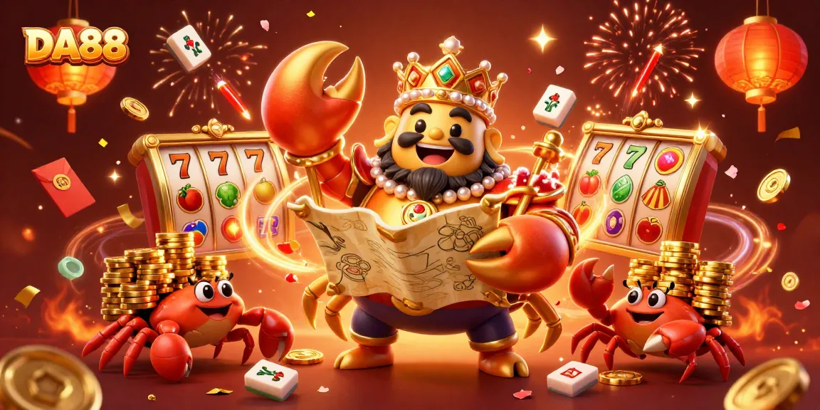 Engage with DA88's vibrant online casino scene featuring a golden crab emperor amidst dynamic slot game elements.