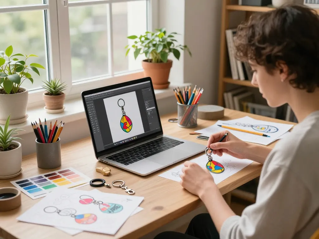 Custom key chain design in a creative workspace, showcasing colorful samples and design process