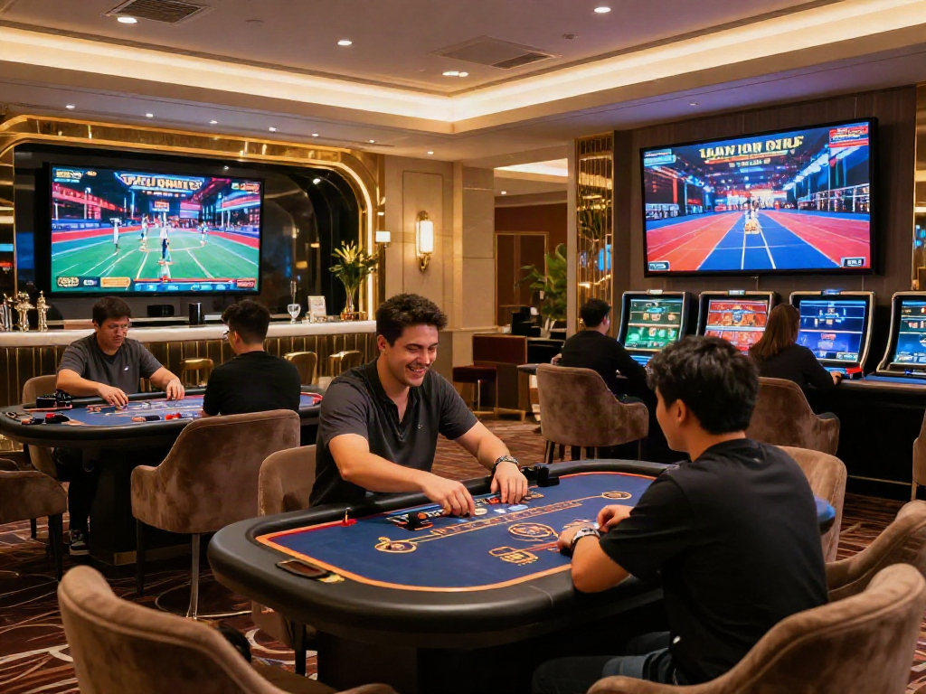 Suasana mewah kasino online luxury12 dengan pemain terlibat dalam permainan dan pencahayaan hangat.