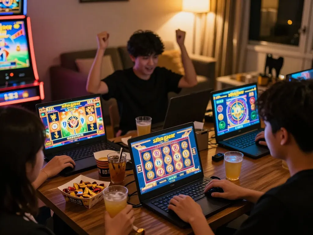 Situs gacor players enjoying a thrilling slot game on their laptops in a cozy home setting.