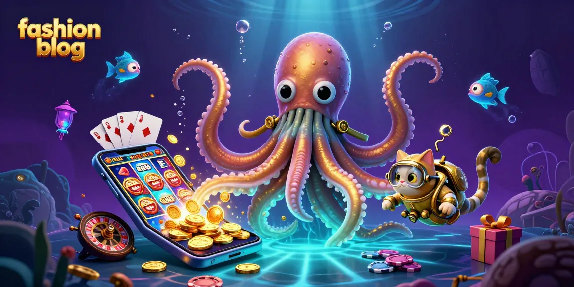 Engage with this vibrant fashion blog scene featuring a kraken and diving cat amidst casino games.