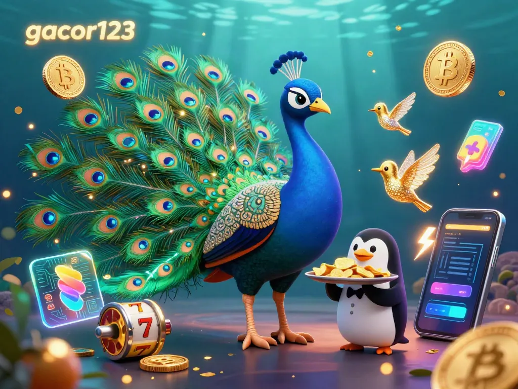 Experience gacor123 with vibrant casino adventures featuring a peacock, penguin, and holographic displays.
