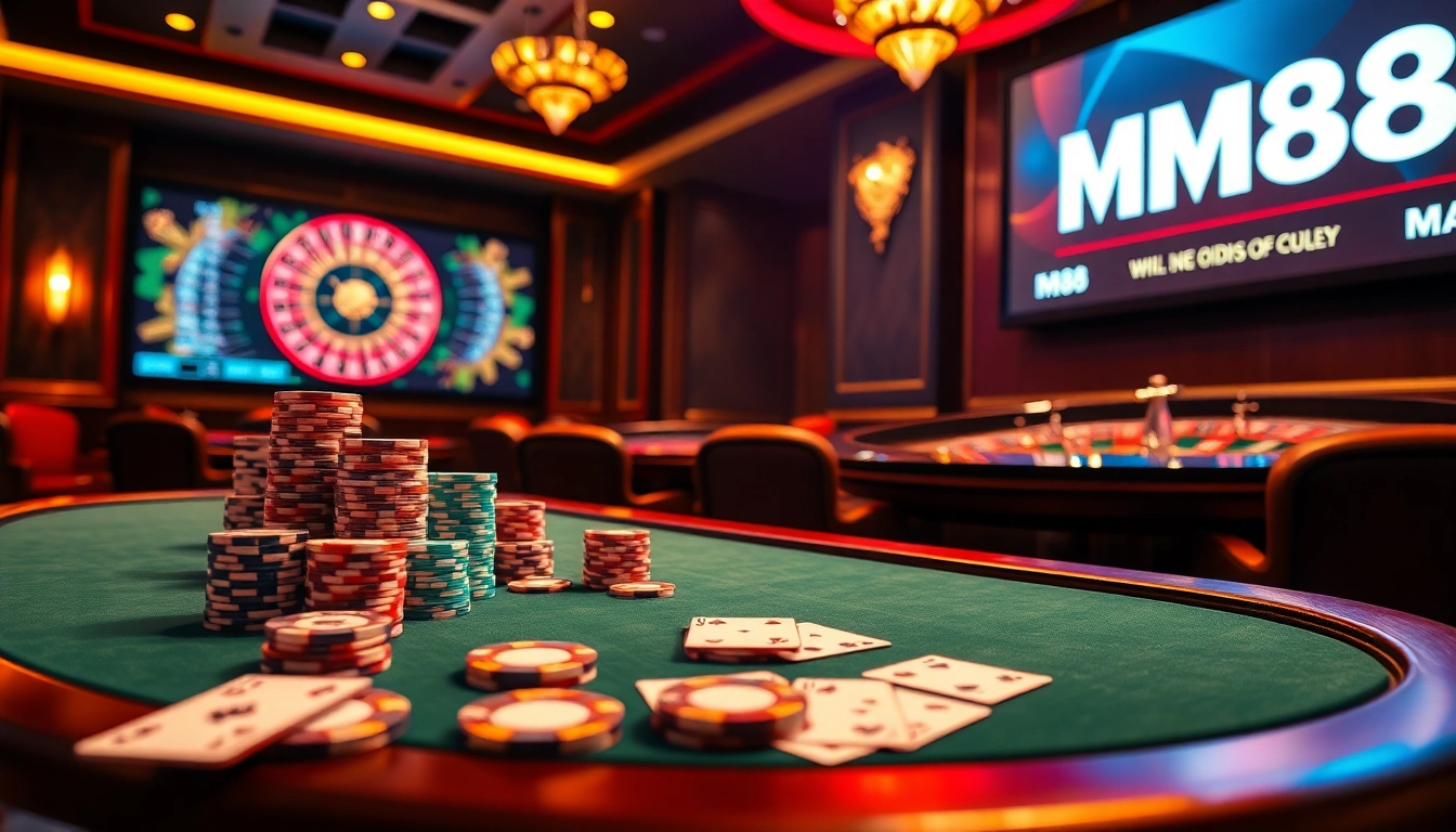 Experience thrilling poker action with MM88 at a luxury casino table.