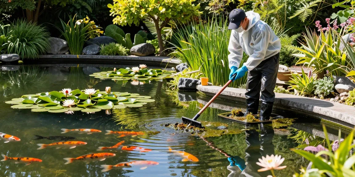 Pond Clean Surrey service in action, professional cleaner maintaining a vibrant garden pond with koi fish.