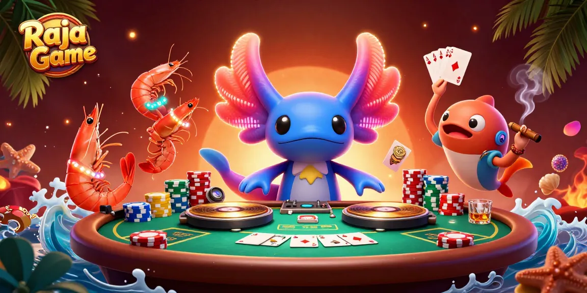 Engage with Raja Game's vibrant lottery and poker scene featuring a DJ axolotl and dynamic characters.