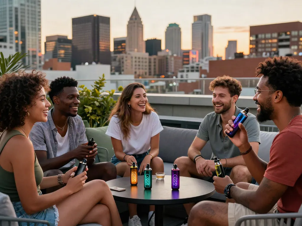 Friends sharing Hitz infinity Gen 7 vape pens at a rooftop gathering, enjoying vibrant city views.