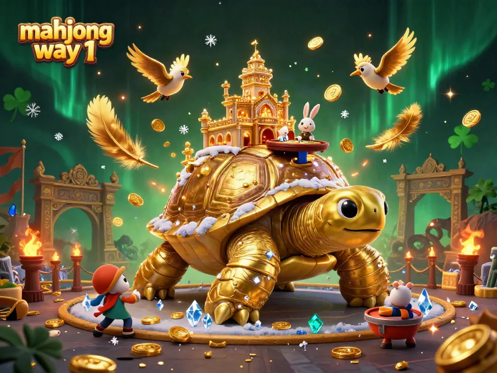 Experience mahjong way 1 with a vibrant 3D casino scene featuring a tortoise casino and energetic characters.