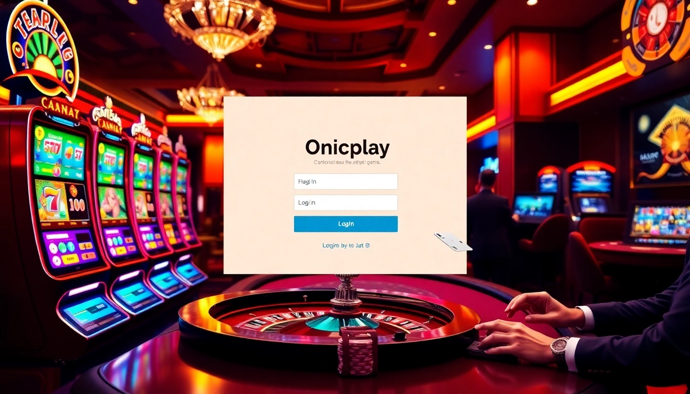 Experience the excitement of Onicplay login with vibrant casino visuals of slot machines and digital gaming.