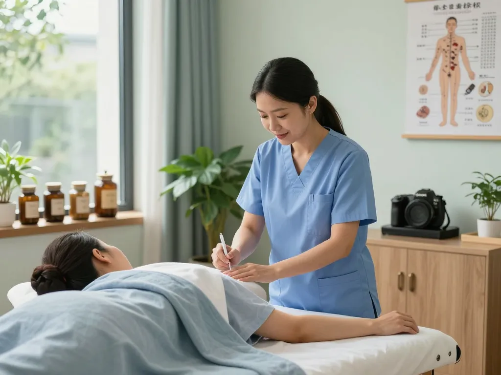 수원한의원 providing serene acupuncture treatment in a calming clinic environment.