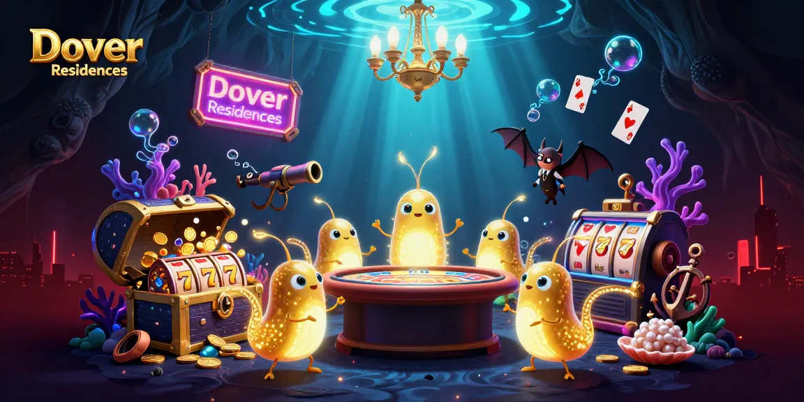 Dover Residences casino scene showcasing glowworms lighting up the atmosphere with thrilling slot machines and gold coins.