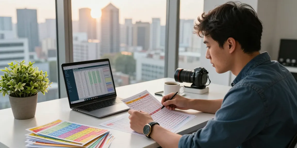 Analisis angka untung togel di meja dengan grafik dan laptop, menonjolkan fokus pemain.