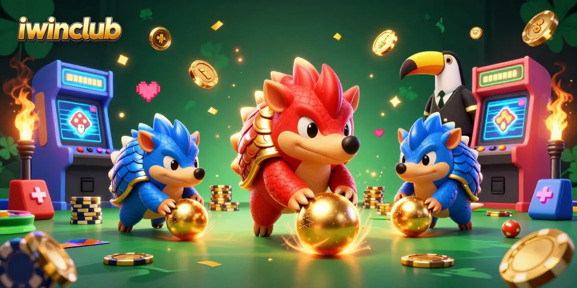iwinclub pangolins rolling golden balls through poker chips in a vibrant gambling arcade scene