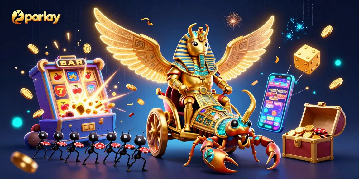 Engage with parlay betting strategies showcasing a golden scarab beetle amidst colorful casino elements.
