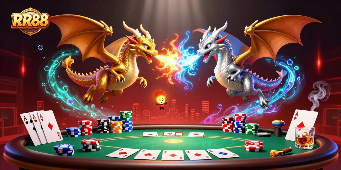 Experience the thrilling world of RR88 through dynamic dragon battle illustrations amidst vibrant casino elements.