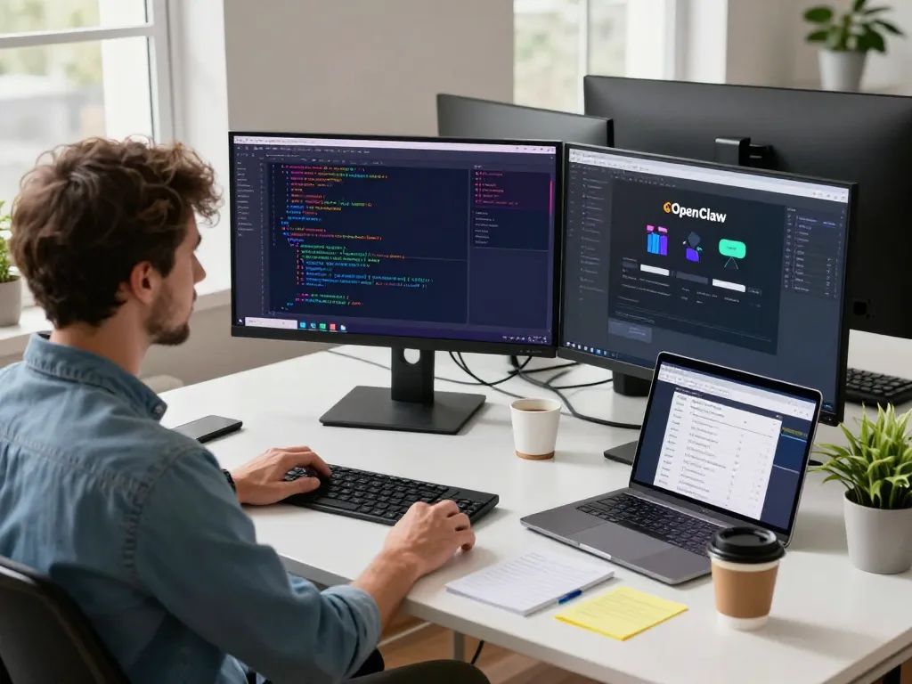 Developer using OpenClaw AI on multiple monitors in a modern workspace.