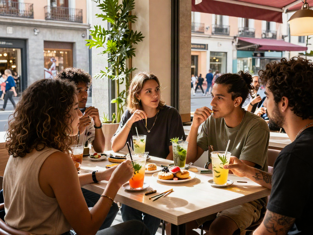 Friends enjoying Madrid Weed online experience with cannabis drinks in a cozy café.
