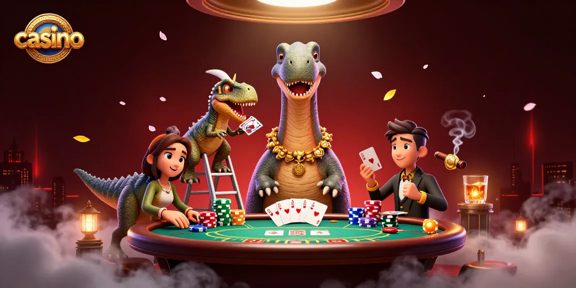 Experience a vibrant casino scene with a giant brontosaurus observing a poker game.