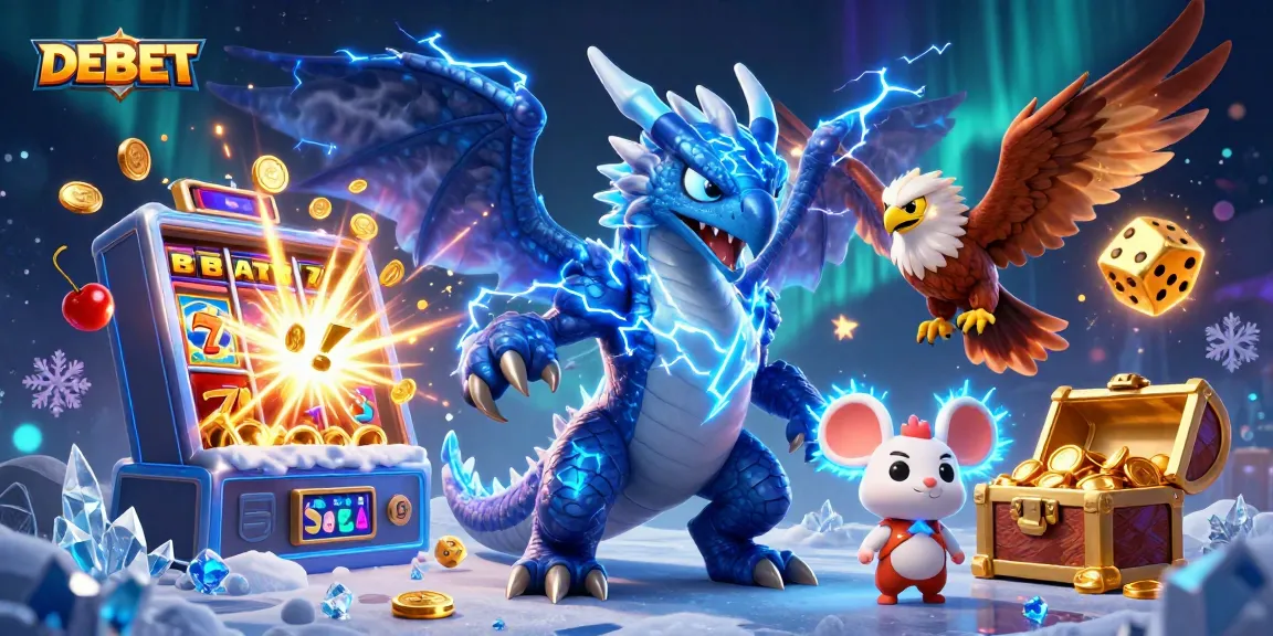 Engage with DEBET's thrilling world featuring a thunder dragon, jackpots, and vibrant casino elements.