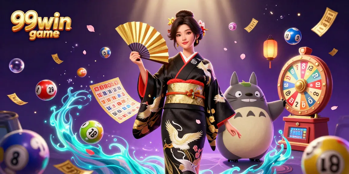 Engage in 99win game excitement with colorful lottery elements and an enchanting backdrop.