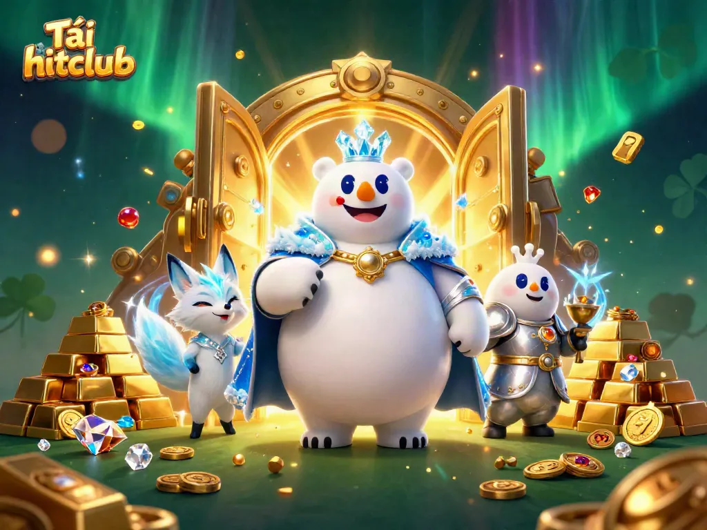 Experience the excitement with Tải hitclub in a vibrant 3D casino scene featuring a polar bear and treasures.