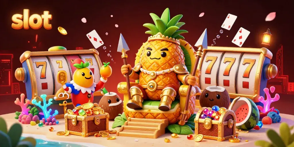 Engage with slots in a vibrant casino scene featuring a pineapple king and colorful treasures.