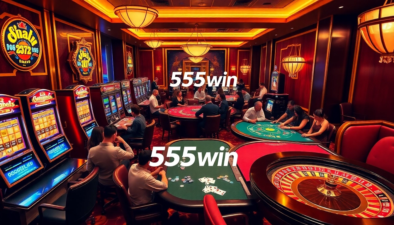 Engaging gamblers at 555win casino enjoying slot machines and poker tables.