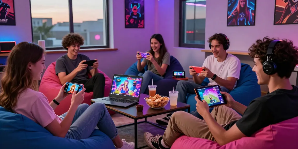 Group of friends enjoying a sex game together in a vibrant gaming lounge.
